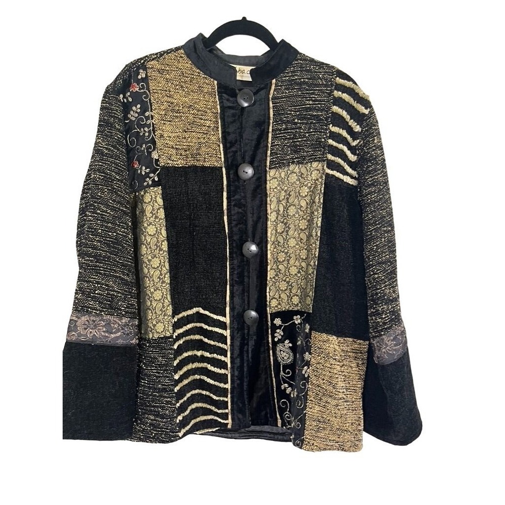 Retro Floral Patchwork Animal Print Velvet Jacket M Boho Indie Folk Tapestry 80s